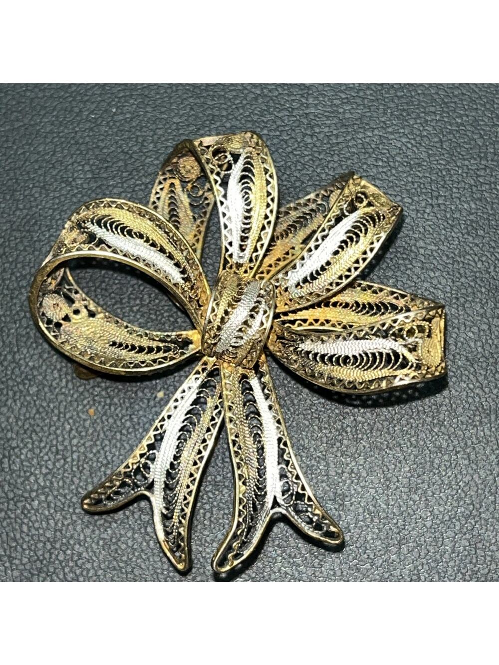 Vintage Vermeil Filigree Bow Brooch Silver 800 (SGW)